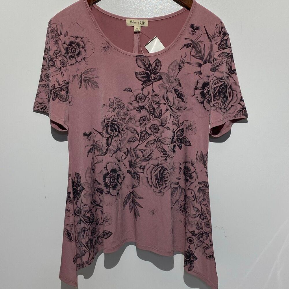 Blue Mood Women's Pink Black‎ Asymmetrical Hem Short Sleeve Blouse Size PS NWT